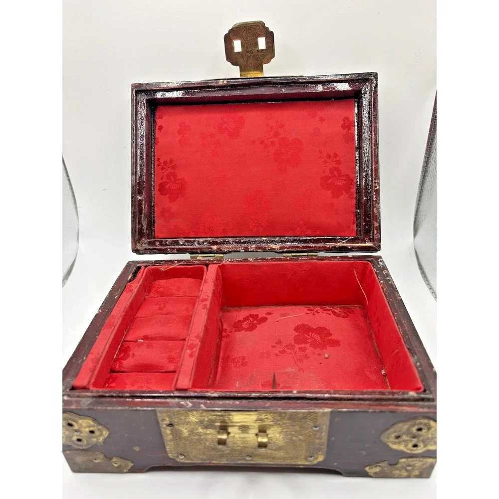 Vintage Chinese Jewelry Box Rosewood Jade Brass Fish Floral Details 6.5”x4”x3”